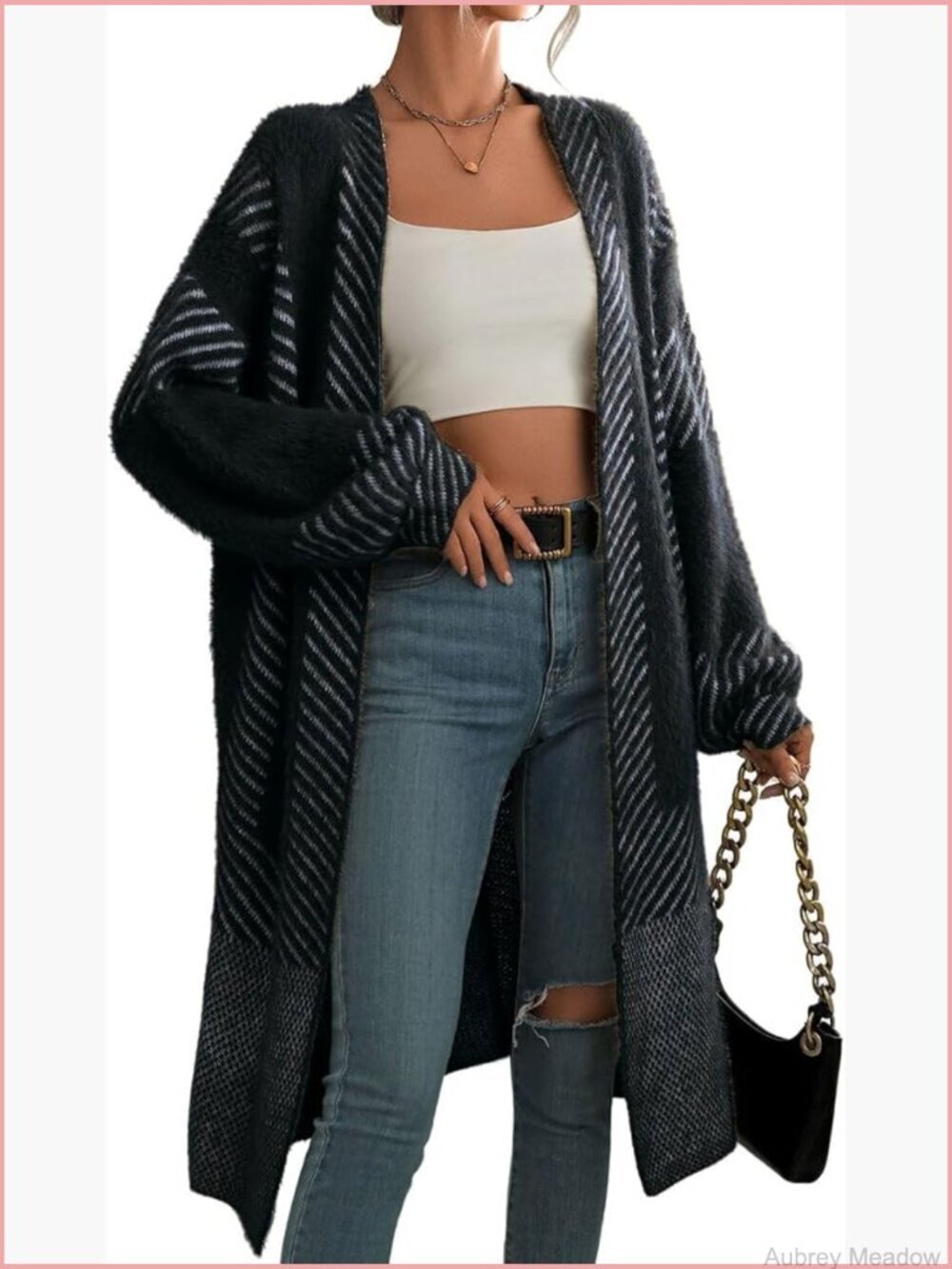 Chunky Knit Open Front Cardigan Sweater Coatigan Long Sleeve V-Neck Diagonal